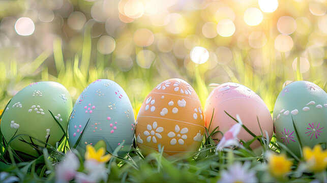 a row of colorful easter eggs in the grass with flowers on a pastel background, sunlight and a bokeh effect