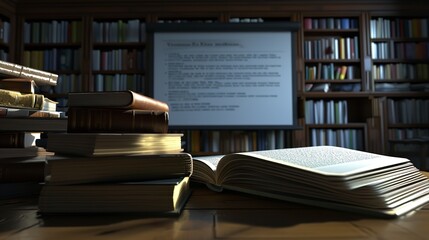 Several Books over Projector Screen 8K Realis