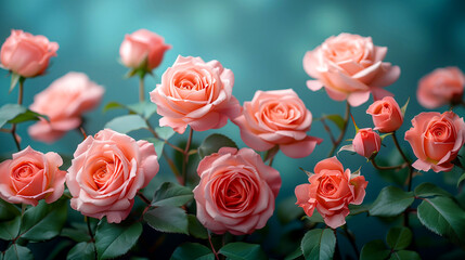 Beautiful pink roses on a blue bokeh background. Nature.
