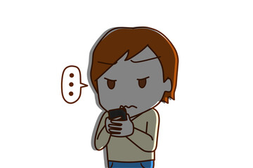 （上半身斜め）スマホを持って画面を見ながら無言になって真顔で影ができる白人男性