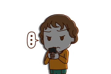 （上半身斜め）スマホを持って画面を見ながら無言になって真顔で影ができる白人少年