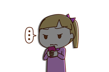 （上半身斜め）スマホを持って画面を見ながら無言になって真顔で影ができる白人少女