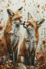 Naklejka premium Two playful foxes, male and female, embodying joy and equality against a pastel autumn backdrop.