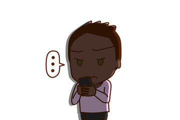 （上半身斜め）スマホを持って画面を見ながら無言になって真顔で影ができるアフリカ系少年