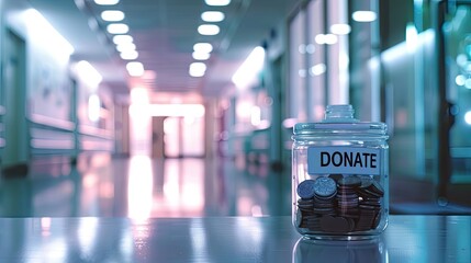 a glass jar with DONATE inscribed at the bottom, filled with coins on a table, set against the backdrop of a hospital, offering substantial empty space for text overlay. - obrazy, fototapety, plakaty