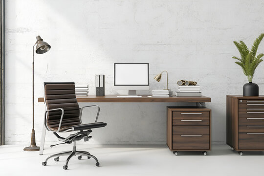 Office Space Room, Empty Wall Mockup In White Room With Wooden Office Desk And Office Chair, 3d Render Real Room Template