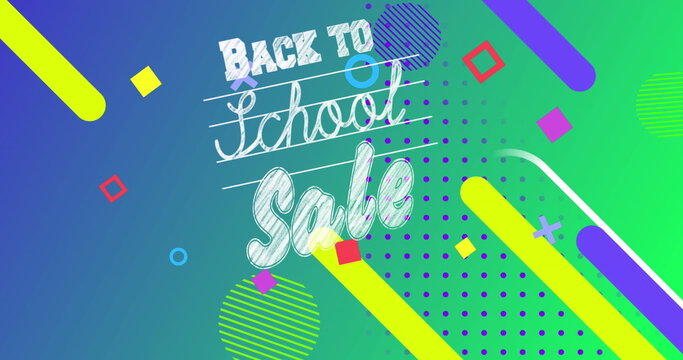 Image of back to school sale text banner over abstract shapes against green gradient background