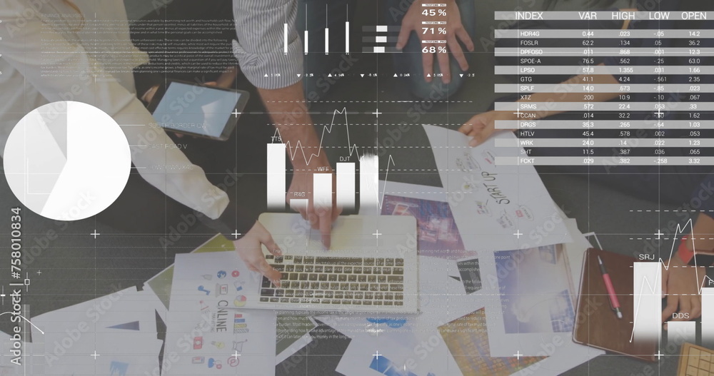 Poster Image of people using a laptop computer in a busy office with white data processing in the foregroun