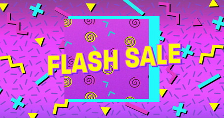 Image of the words Flash Sale in yellow letters with a purple square and brightly coloured shapes on