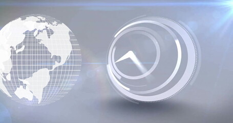 Fototapeta premium Image of a globe spinning with a fast moving clock on a grey background 4k