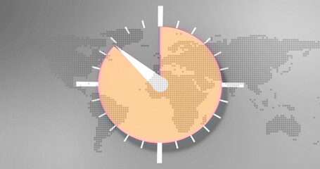 Image of an orange clock icon measuring time over a world map in the background 4k