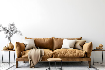 Interior Living Room, Empty Wall Mockup In White Room With Brown Sofa And Decorative Plants, 3d Render Real Room Template