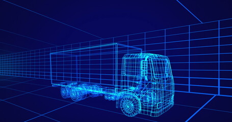Image of 3d technical drawing of a truck in blue, with moving grid in the background 4k