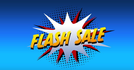Image of the words Flash Sale in yellow letters on a white explosion on blue background 4k