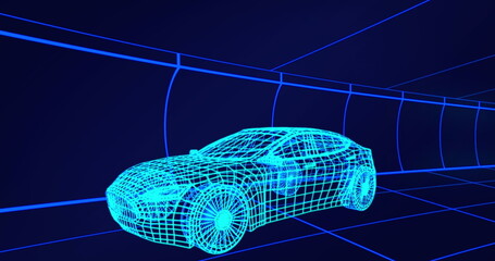 Image of 3d technical drawing of a car in blue, with moving grid in the background 4k