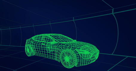 Image of 3d technical drawing of a car in green, with moving grid in the background 4k
