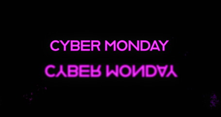 Image of the words Cyber Monday in purple letters with reflection and purple explosions on black bac