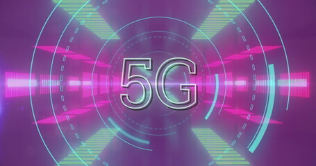 Image of 5G text with digital interface scope scanning over pink glowing background