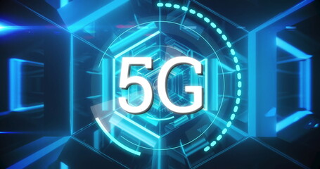 Image of 5G text with digital interface scope scanning over blue glowing background