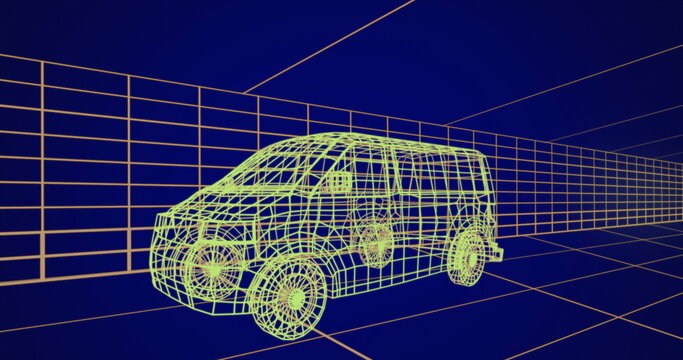 Image of 3d technical drawing of a van in yellow, with moving grid in the background 4k - Powered by Adobe