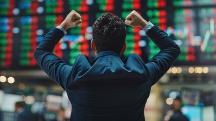 Back View of a businessman Professional Trader Successful Stock Exchange Trader Celebrating a Profitable Sale. Professional Broker Excited About the Good News, Punches the Air in a Winning Fashion, 