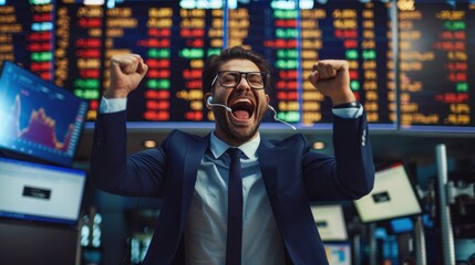front View of a Businessman Professional Trader Successful Stock Exchange Trader Celebrating a Profitable Sale. Professional Broker Excited About the Good News, Punches the Air in a Winning Fashion,  - Powered by Adobe