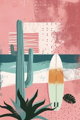 a cactus and surfboard on a pink background
