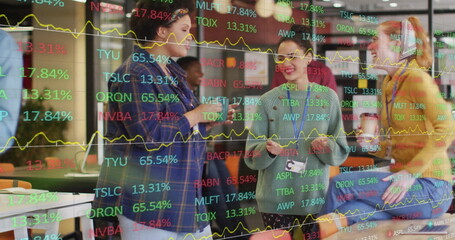 Image of stock market data over diverse female colleagues drinking coffee and talking in office