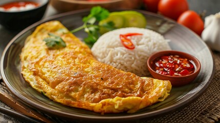Photography of a close-up thai fluffy omelette served with jasmine rice and a fish sauce with a...