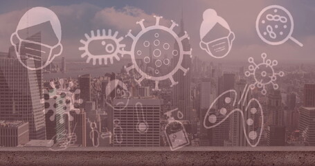 Image of covid 19 icons floating over cityscape on pink background