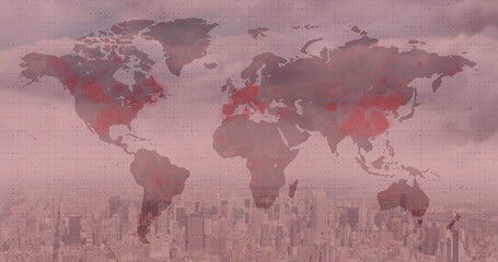 Image of world map with red covid 19 pandemic points over cityscape on red background