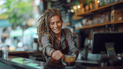 Portrait of The female barista with dreadlocks hairstyle is working in cafe - obrazy, fototapety, plakaty