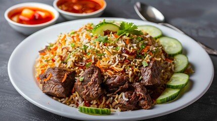 Fototapeta premium photography of biryani rice with a cucumber slice and a meat chop.