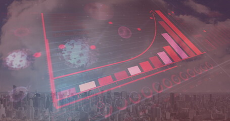 Image of covid 19 cells floating over statistics recording and cityscape on red background