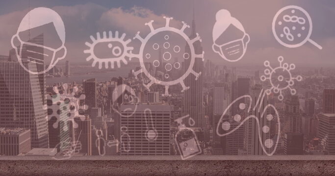Image of covid 19 icons floating over cityscape on pink background