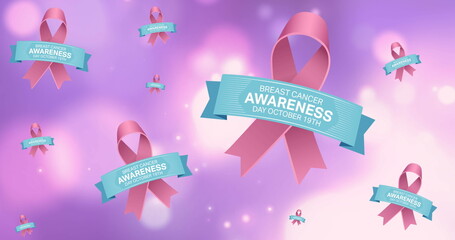 Image of breast cancer awareness text over on blue background