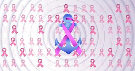 Image of pink breast cancer ribbon over pink ribbons on white background