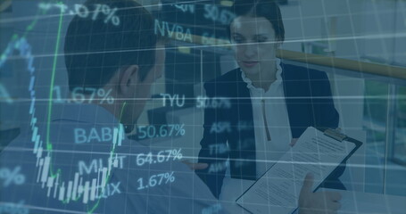 Image of financial data processing and stock market over diverse business people in office