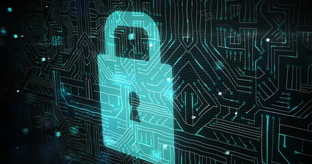 Multiple changing numbers and letters against security padlock icon and microprocessor connections