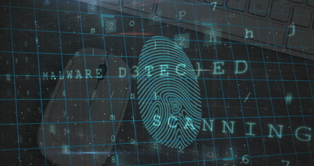 Biometric fingerprint scanner and security padlocks against close up of a mouse and computer server