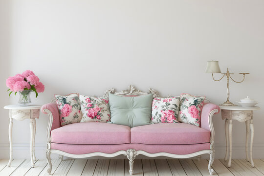Interior Living Room, Empty Wall Mockup In White Room With Pink Sofa And Pink Decorations, 3d Render Real Room Template