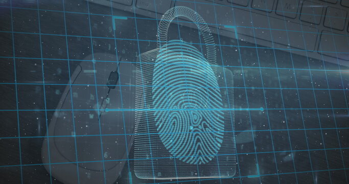 Biometric fingerprint scanner and security padlocks against close up of a mouse and computer server
