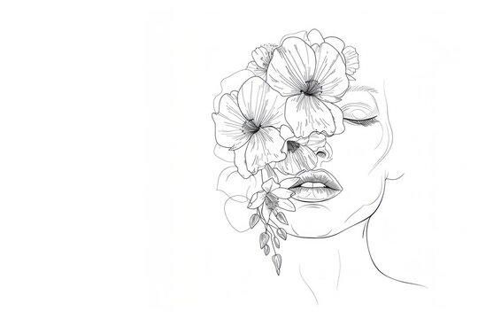 Woman face sketch with beautiful flowers, banner with copy space
