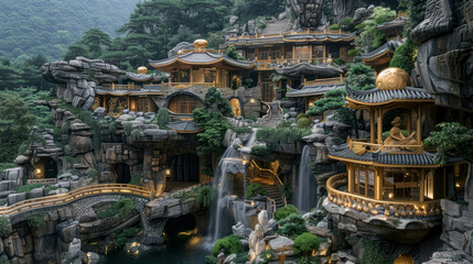 Fantasy Furong Chinese Village Inspired. Fantastic Chinese Village In Mountains And River
