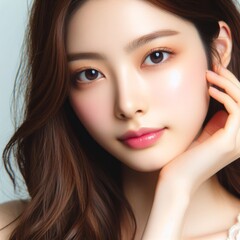 Fototapeta premium Beautiful Young Asian Woman with Clean Fresh Skin. Face care, Facial treatment, charming beauty and healthy skin and cosmetic concept, woman beauty skin isolated on background
