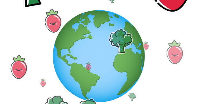Image of falling vegetables over globe on white background