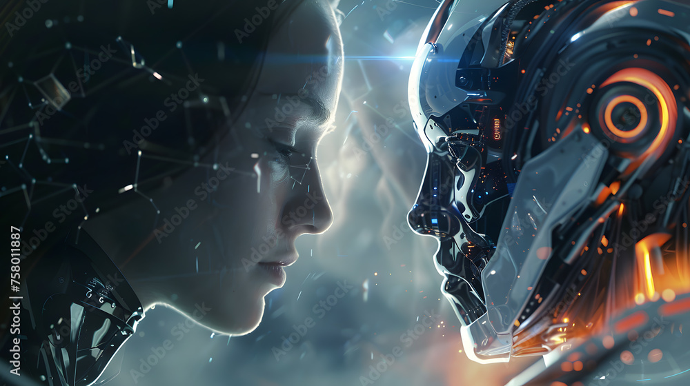 Poster a conceptual image of a robot and a human working together, with details of the robot's design, the 