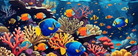 Papier Peint photo Lavable Vie marine Underwater vector background, banner. Life at sea or ocean bottom. Exotic undersea world with coral reef, colorful fish, cute underwater creatures. Marine landscape, seascape.