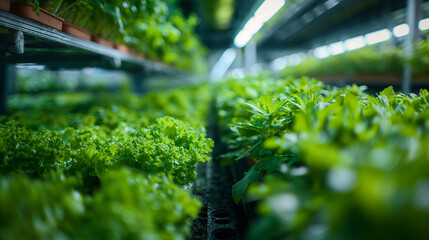 Indoor vertical farm growing a variety of greens, epitome of efficiency in food vegetable agriculture. Concept vegetable agriculture