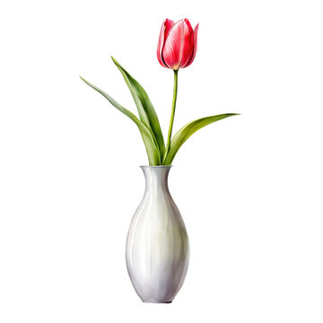 Tulips in a sleek modern vintage vase watercolor illustration, minimal luxury style flower vase, cute floral vector clipart, floral decorative element, isolated on white background